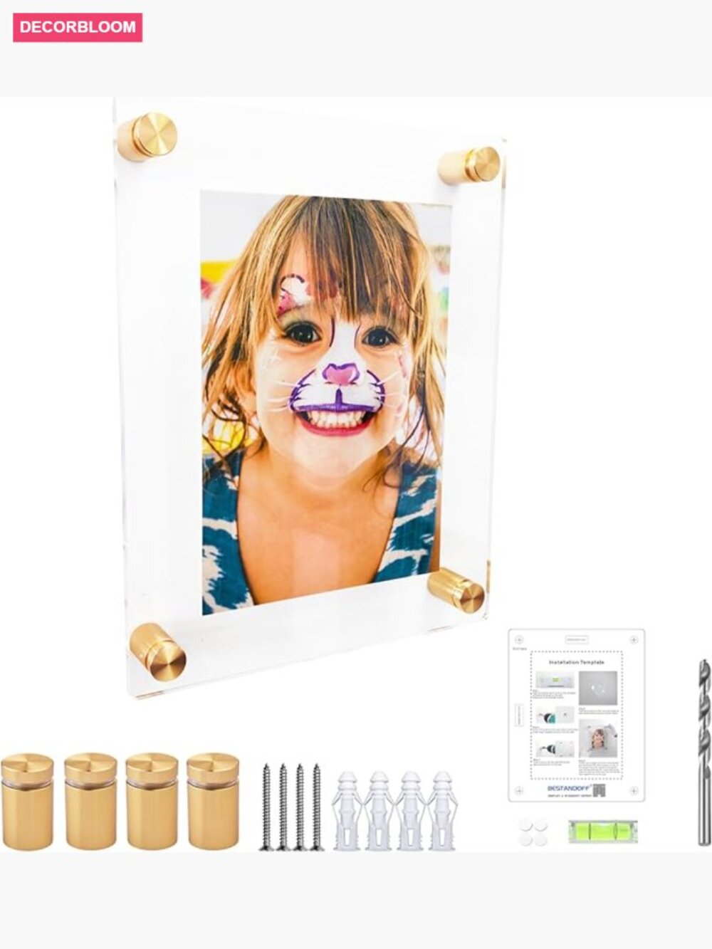 Premium Floating Acrylic Picture Frame 5x7 with Gold Standoffs Wall Mount Kit